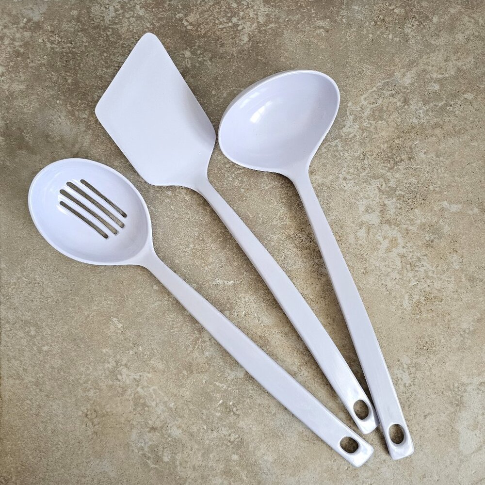 Vintage Set of 3 White Melamine Kitchen Utensils, Made in Taiwan